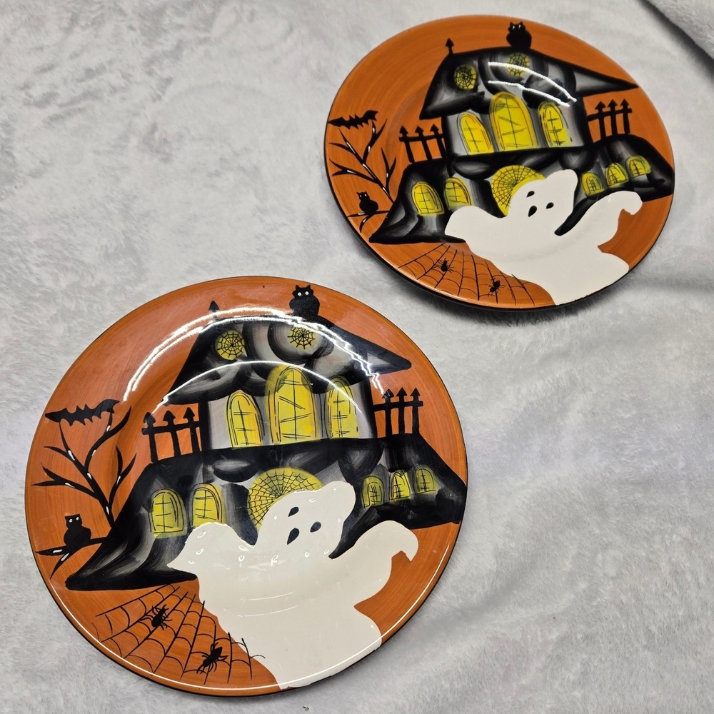Gates Ware Laurie Gates Halloween Haunted House Ghost Salad Plates Set of 2 8.5"